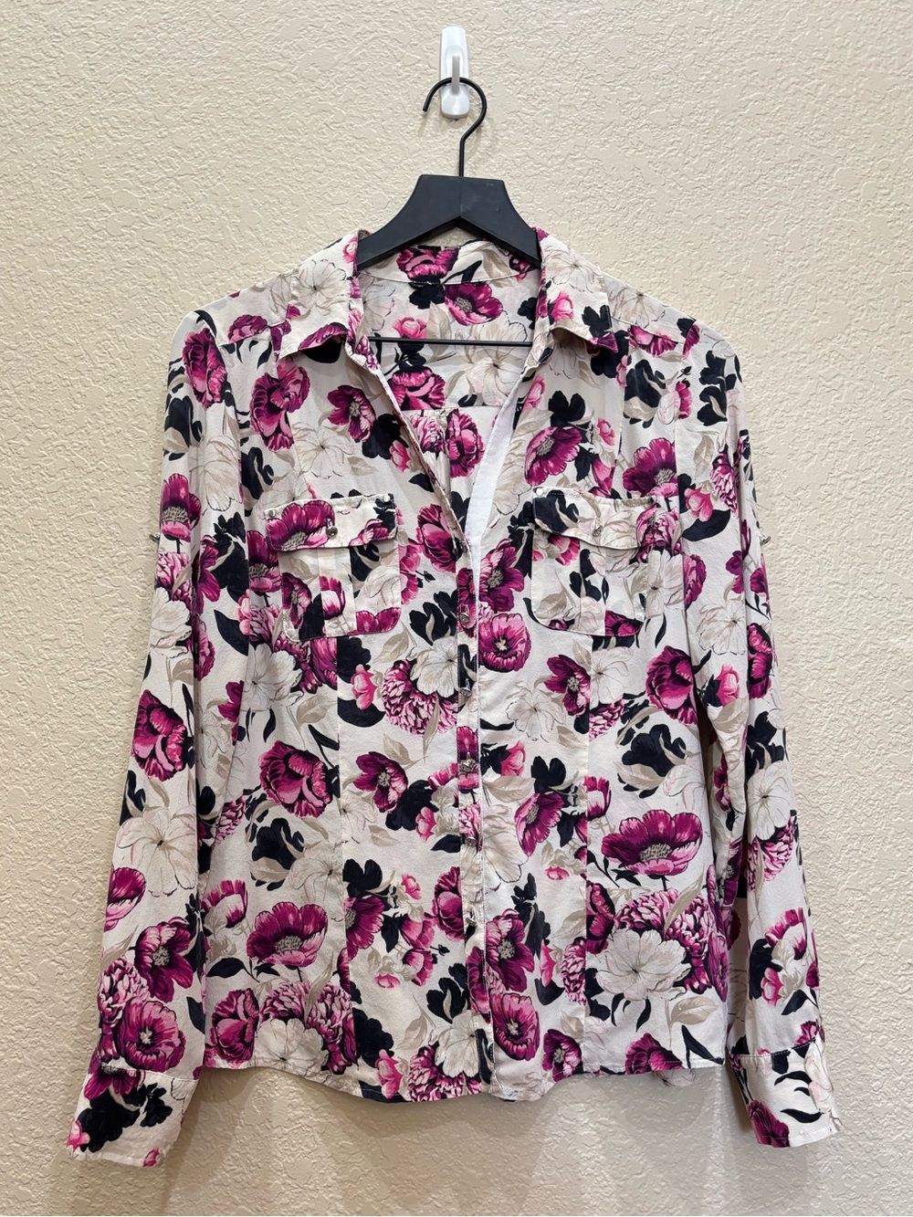 Vintage WHBM Pure Silk Floral Utility Blouse Top Magenta Pink Romantic Coquette - Picture 1 of 9